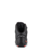Alpinestars Faster-3 Drystar® Shoes, motorcycle riding shoes, rear view showing the heel and ankle, black microfiber with red fluo accents, reflective strip for visibility, sport-inspired protective footwear for road and urban use.