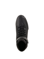 Alpinestars Faster-3 Drystar® Riding Shoes, Motorcycle Riding Shoes, Black and Cool Gray, top-down view showing microfiber chassis, black laces, and hook and loop ankle strap, technical sport-inspired design for all-weather road riding