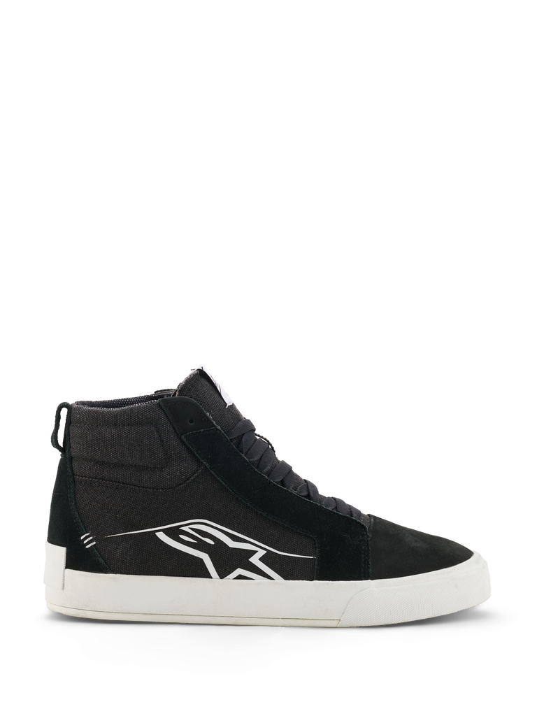 Alpinestars Ride-63 Canvas Shoes, Black and White High-Top Motorcycle Sneakers, Urban Casual Riding Footwear, Canvas and Suede Upper, Side Profile with White Astars Logo, Flat White Rubber Sole