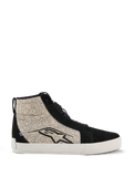 Alpinestars Ride-63 Canvas Shoes, urban motorcycle shoes, Black and Cool Gray with White sole, high-top skate-inspired design featuring patterned textile side panels and black suede overlays, large black Alpinestars logo, vulcanized rubber sole