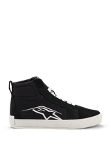Alpinestars Ride-63 Canvas Shoes, Black High-Top Sneakers, Black and White, White Logo, Thick Flat Sole, White Laces, Pull Tab, Casual Motorsport Footwear