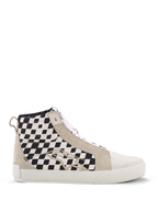Alpinestars Ride-63 Canvas Shoes, High-Top Urban Motorcycle Sneakers, White and Black Checkered Side Panels, Beige Suede Overlays, White Vulcanized Sole, Casual Motorsport-Inspired Footwear
