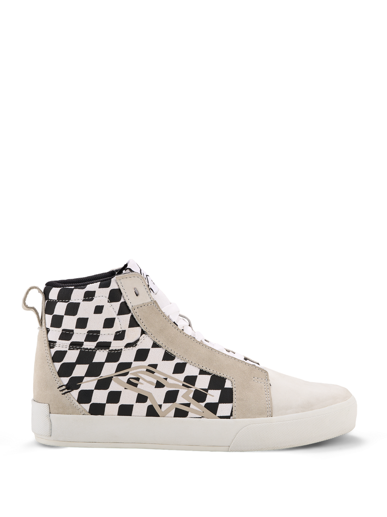 Alpinestars Ride-63 Canvas Shoes, High-Top Sneakers, Beige and Black, Checkered Pattern Side Panels, White Sole, Casual Motorsport-Inspired Footwear