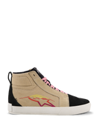 Alpinestars Ride-63 Canvas Shoes, High-Top Sneakers, Beige and Black, Pink Laces, White Sole, Multicolored Star Logo in Red and Yellow, Suede-Like Texture, Casual Motorsport-Inspired Footwear