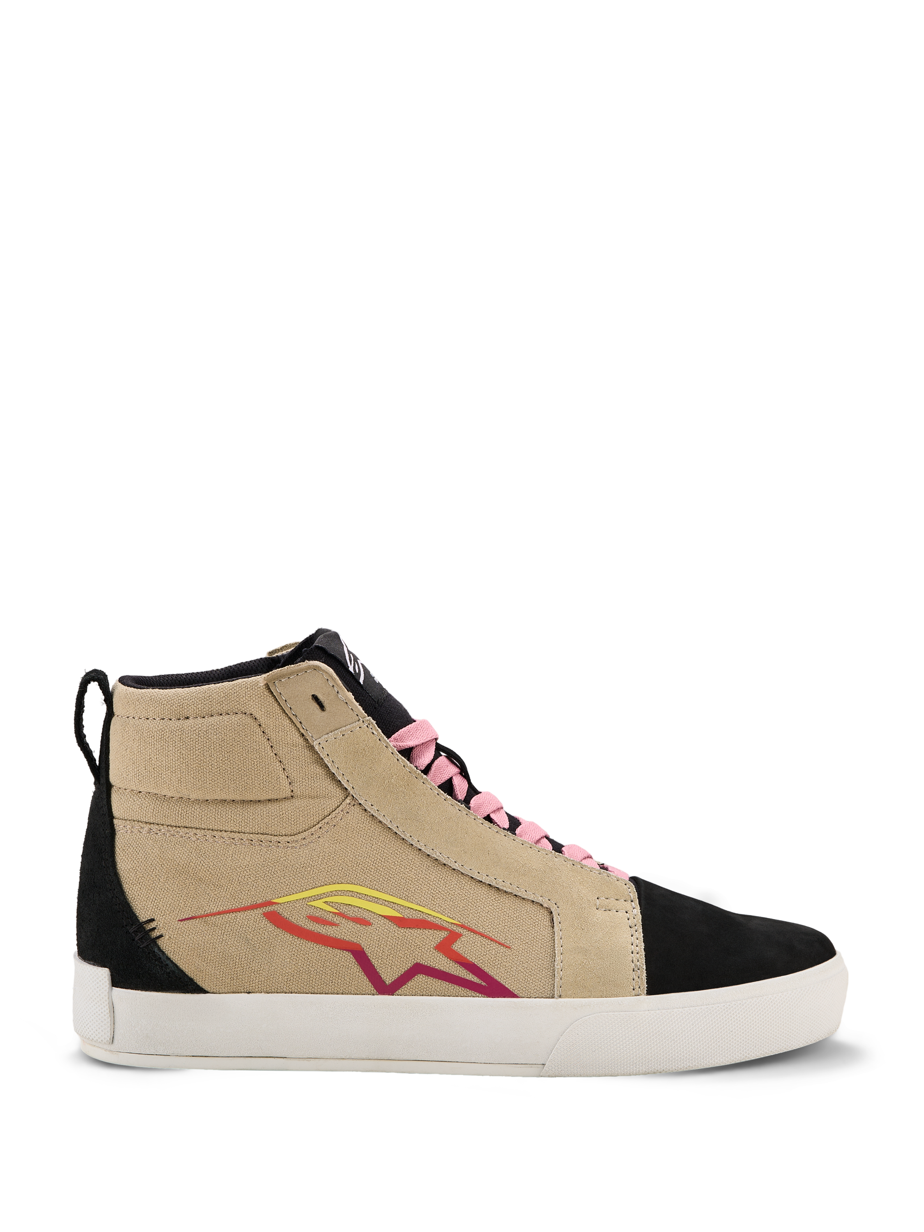 Alpinestars Ride-63 Canvas Shoes, High-Top Sneakers, Beige and Black, Pink Laces, White Sole, Multicolored Star Logo in Red and Yellow, Suede-Like Texture, Casual Motorsport-Inspired Footwear