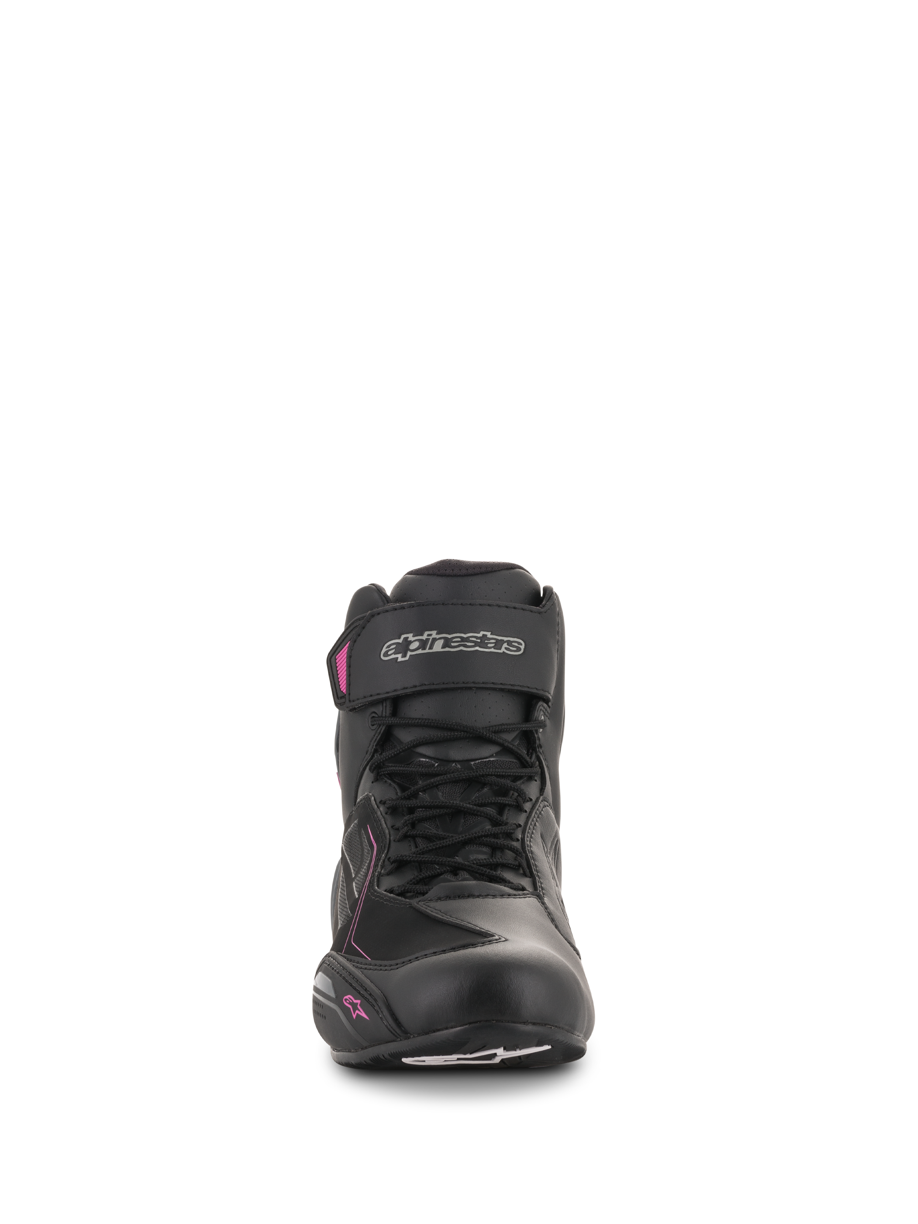 Alpinestars Women Stella Faster-3 Drystar® Shoes, Motorcycle Riding Shoes, Black Dark Gray and Fuchsia, front view showing lace-up closure, ankle strap with silver logo, and pink accents on a feminine profile