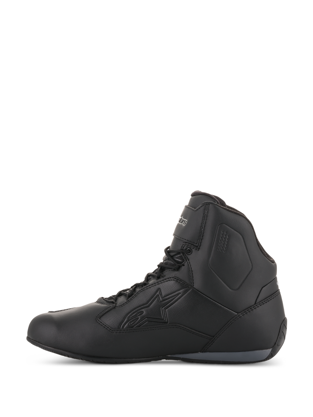 Alpinestars Women Stella Faster-3 Drystar® Shoes, Black and Dark Gray, waterproof motorcycle riding shoes, side profile view featuring a durable microfiber chassis, lace-up closure with ankle strap, and embossed Alpinestars logo.