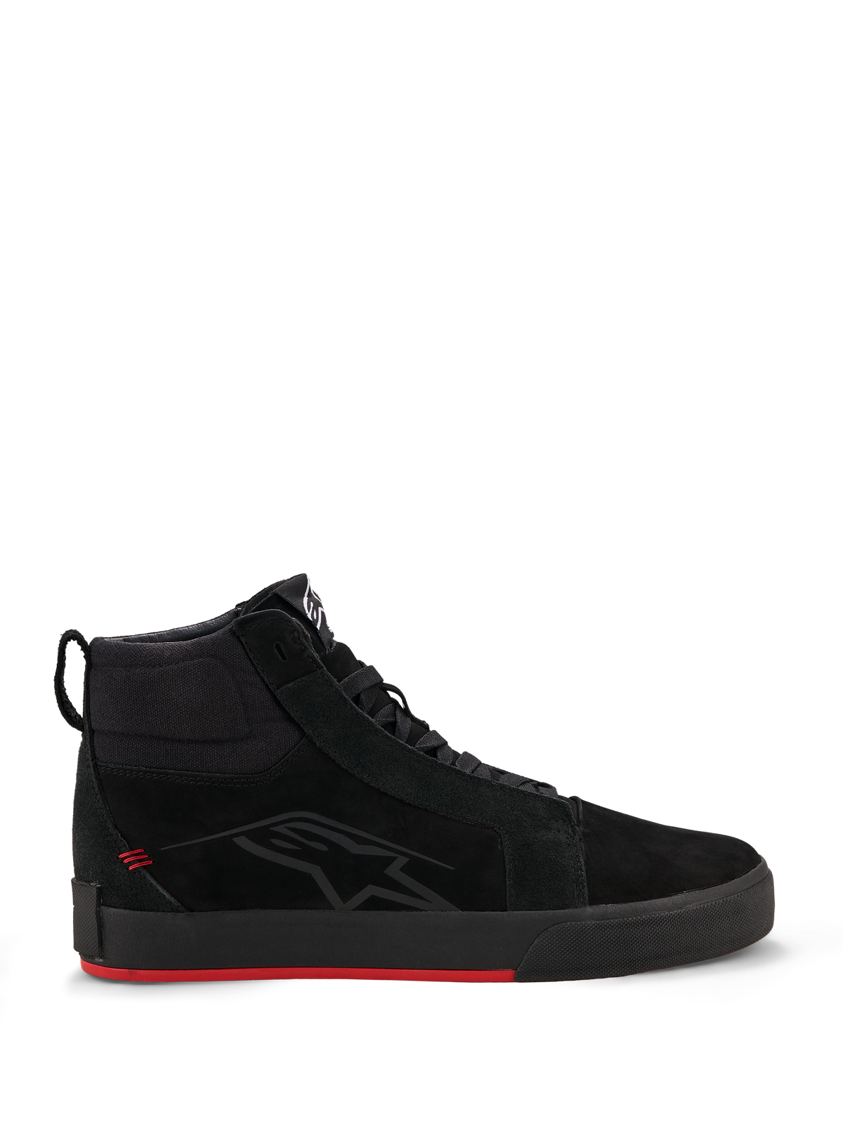 Alpinestars Ride-63 Leather Shoes, Urban Motorcycle Shoes, Black and Bright Red, skate-inspired high-top profile, premium leather and nubuck upper, black vulcanized sole with bright red bottom, subtle logo on the side, casual motorcycle streetwear