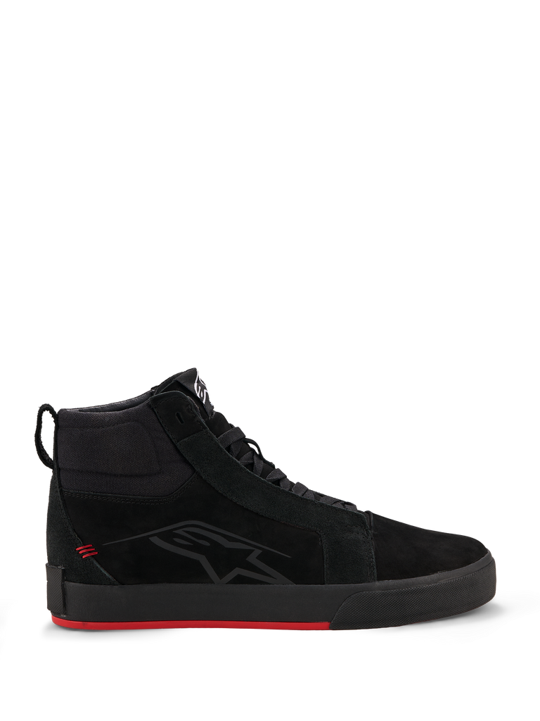Alpinestars Ride-63 Leather Shoes, Urban Motorcycle Shoes, Black and Bright Red, skate-inspired high-top profile, premium leather and nubuck upper, black vulcanized sole with bright red bottom, subtle logo on the side, casual motorcycle streetwear