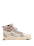 Alpinestars Ride-63 Leather Shoes, Urban Motorcycle Shoes, Off White and Cool Gray with Gum sole, high-top design with leather and suede panels, featuring Alpinestars star logo on the side and a textured vulcanized rubber outsole.