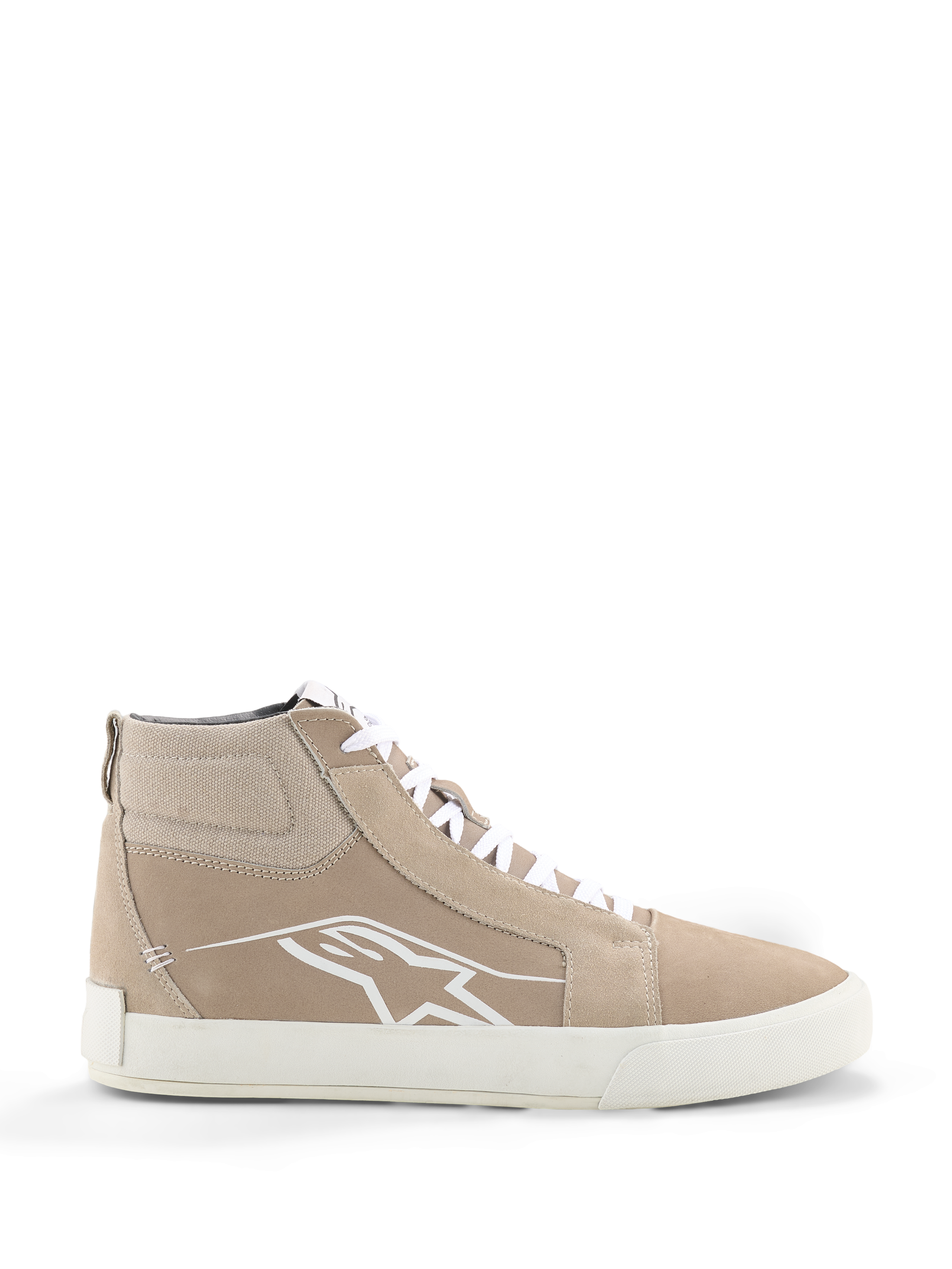 Alpinestars Ride-63 Leather Shoes, Urban Motorcycle Shoes, Sand and White, high-top street-style silhouette with suede panels, featuring white laces, a white Astars logo on the side, and a white vulcanized rubber sole