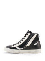 Alpinestars Stated Flair Shoes, Urban Motorcycle Riding Shoes, Black and White, high-top leather design with lateral zip closure, hand-applied worn effect on the white vulcanized sole, heritage racing aesthetic with nine-hole lacing.