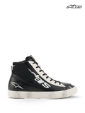 Alpinestars Stated Flair Shoes, men's urban motorcycle riding shoes in black and white, high-top leather design with CE-certified ankle protection and vintage racing patina