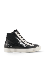 Alpinestars Stated Flair Shoes, Urban Motorcycle Riding Shoes, Black and White, high-top leather construction with large white logo on the side, white perforated eyelet panel, lateral zip closure, and a white rubber sole with a vintage worn patina