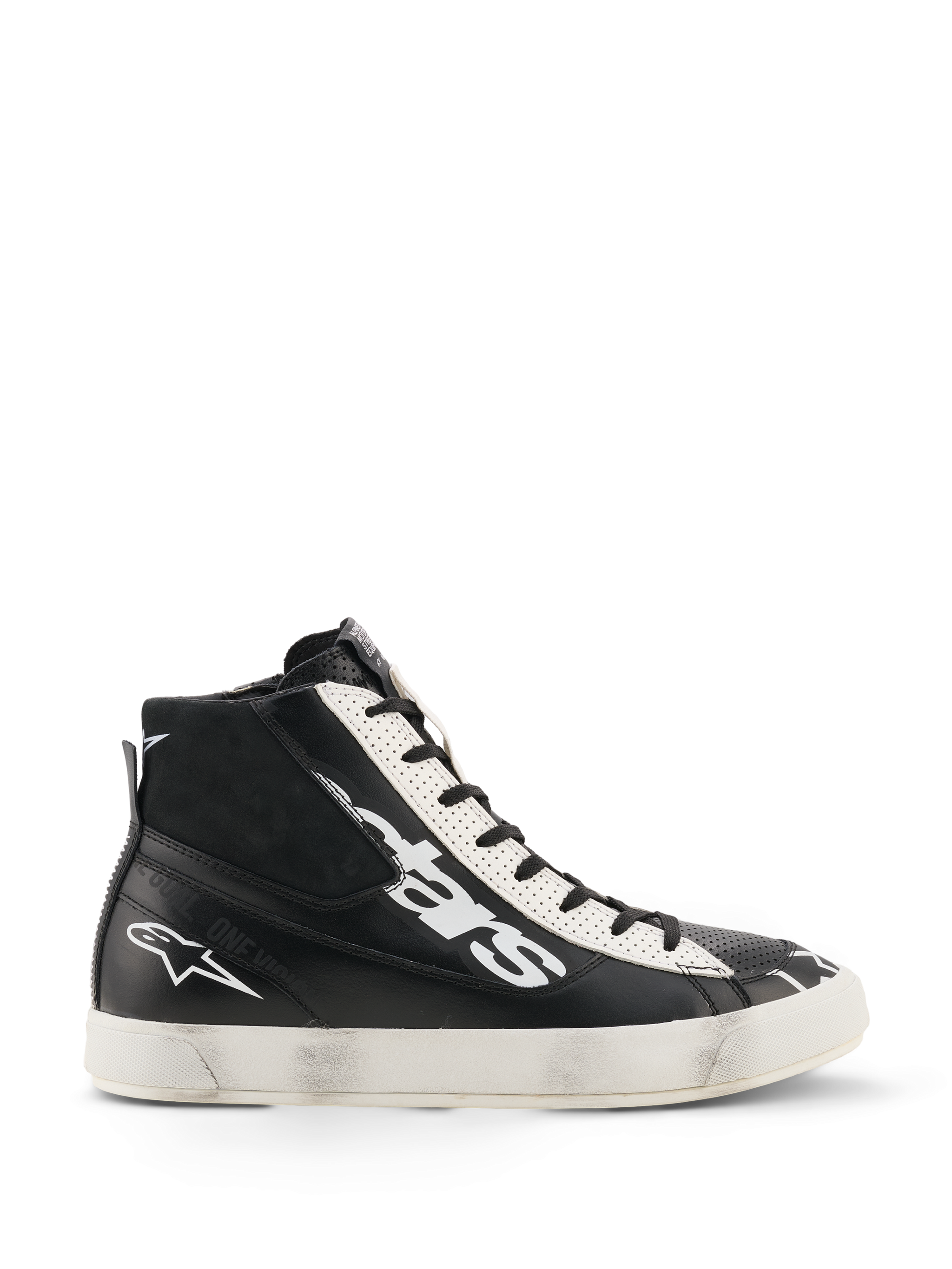 Alpinestars Stated Flair Shoes, Urban Motorcycle Riding Shoes, Black and White, high-top leather construction with large white logo on the side, white perforated eyelet panel, lateral zip closure, and a white rubber sole with a vintage worn patina