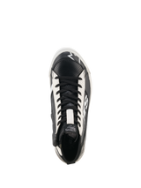 Alpinestars Stated Flair Shoes, high-top urban motorcycle riding shoes, Black and White, top-down view featuring black laces and white perforated leather panels, lateral zip closure, and vintage racing-inspired branding
