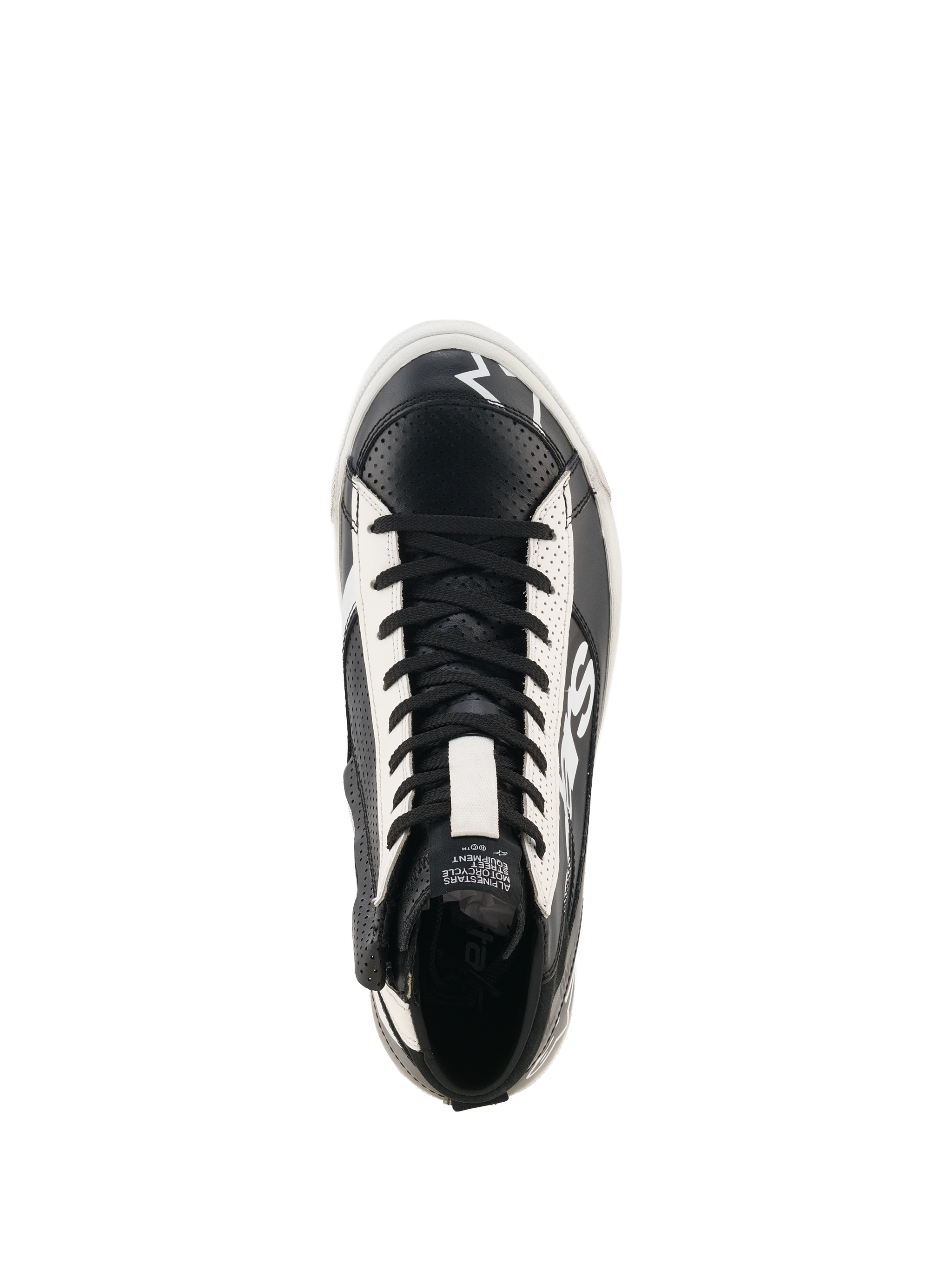 Alpinestars Stated Flair Shoes, high-top urban motorcycle riding shoes, Black and White, top-down view featuring black laces and white perforated leather panels, lateral zip closure, and vintage racing-inspired branding