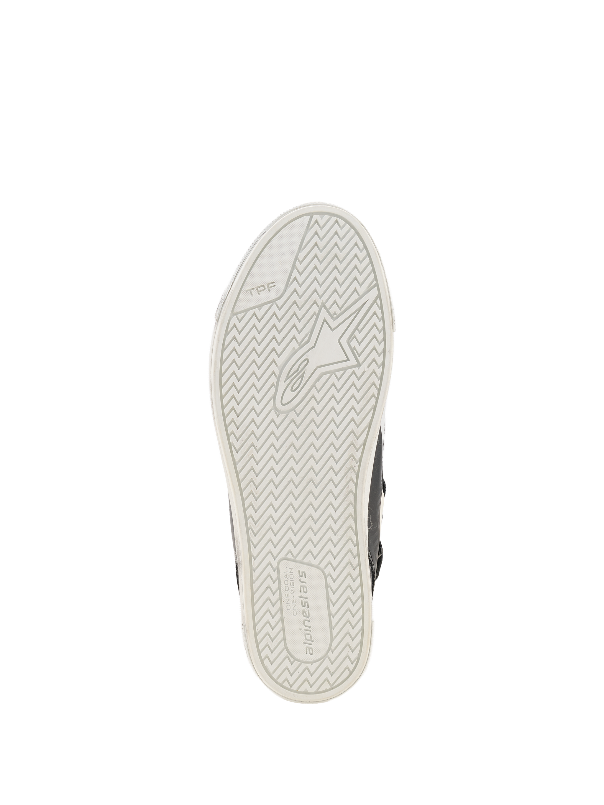 Alpinestars Stated Flair Shoes, sole view, white vulcanized rubber with textured zigzag tread pattern, featuring Alpinestars logo and TPF branding, urban motorcycle footwear design