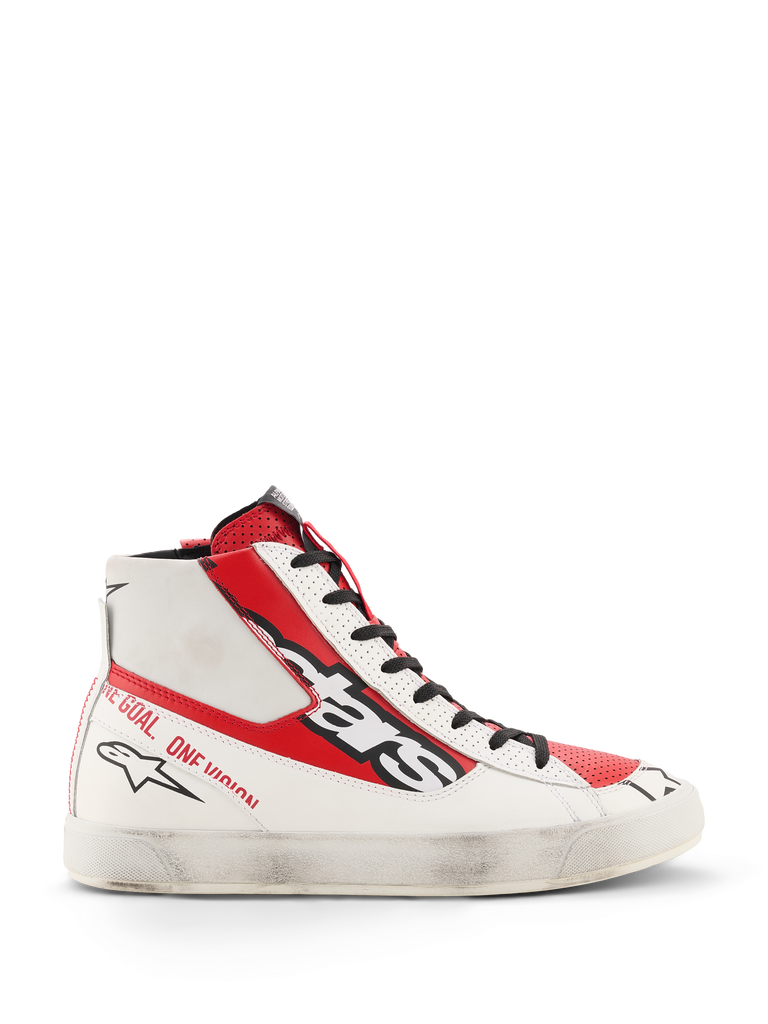 Alpinestars Stated Flair Shoes, High-Top Sneakers, White and Red, Black Laces, Star Logo, "ONE GOAL ONE VISION" Heel Text, Sporty Design with Mixed Textures