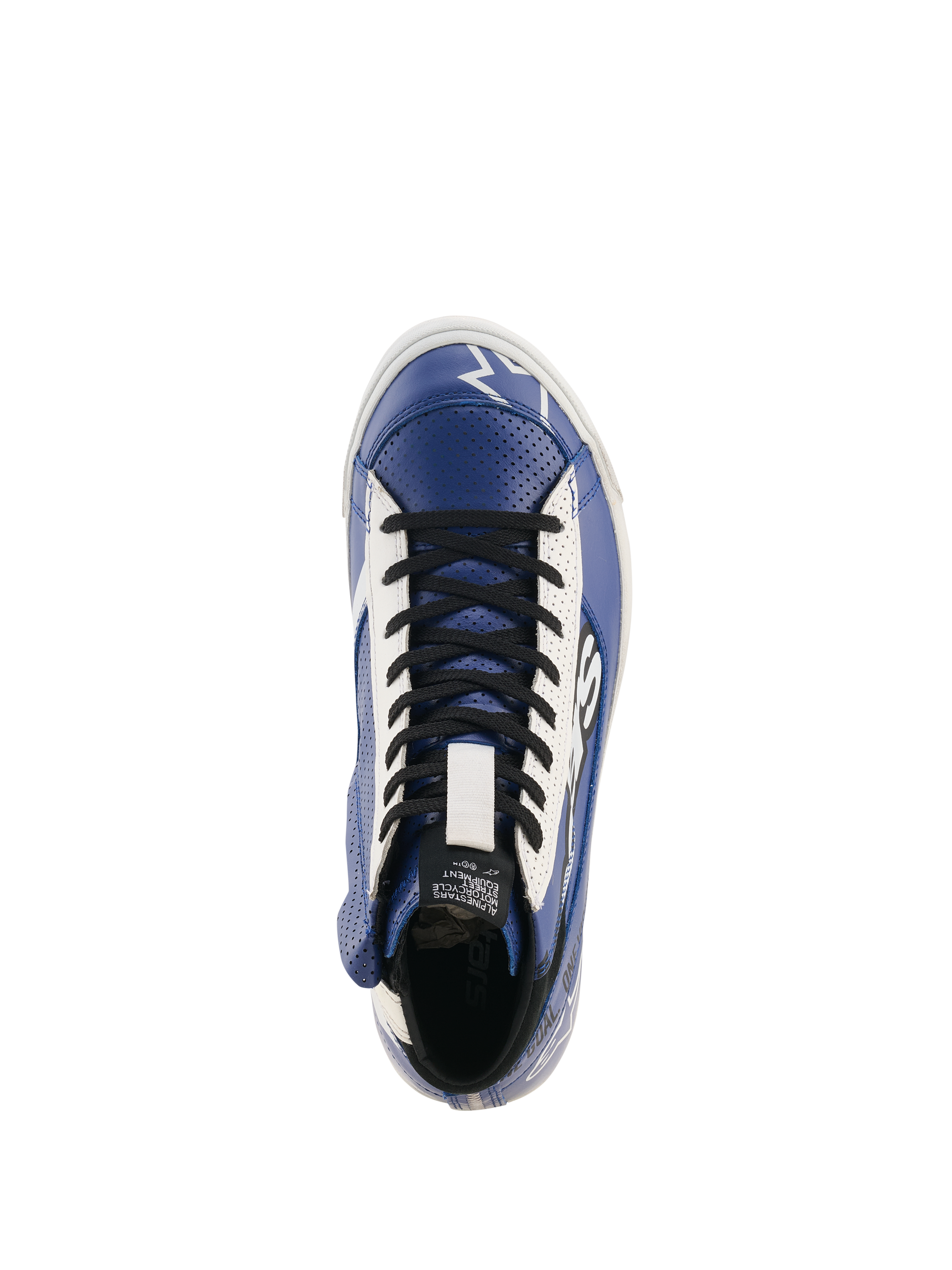 Alpinestars Stated Flair Shoes, Urban Riding Shoes, Bright Blue White and Black, top-down view featuring black laces and white eyelet panels, perforated leather construction with vintage racing aesthetic