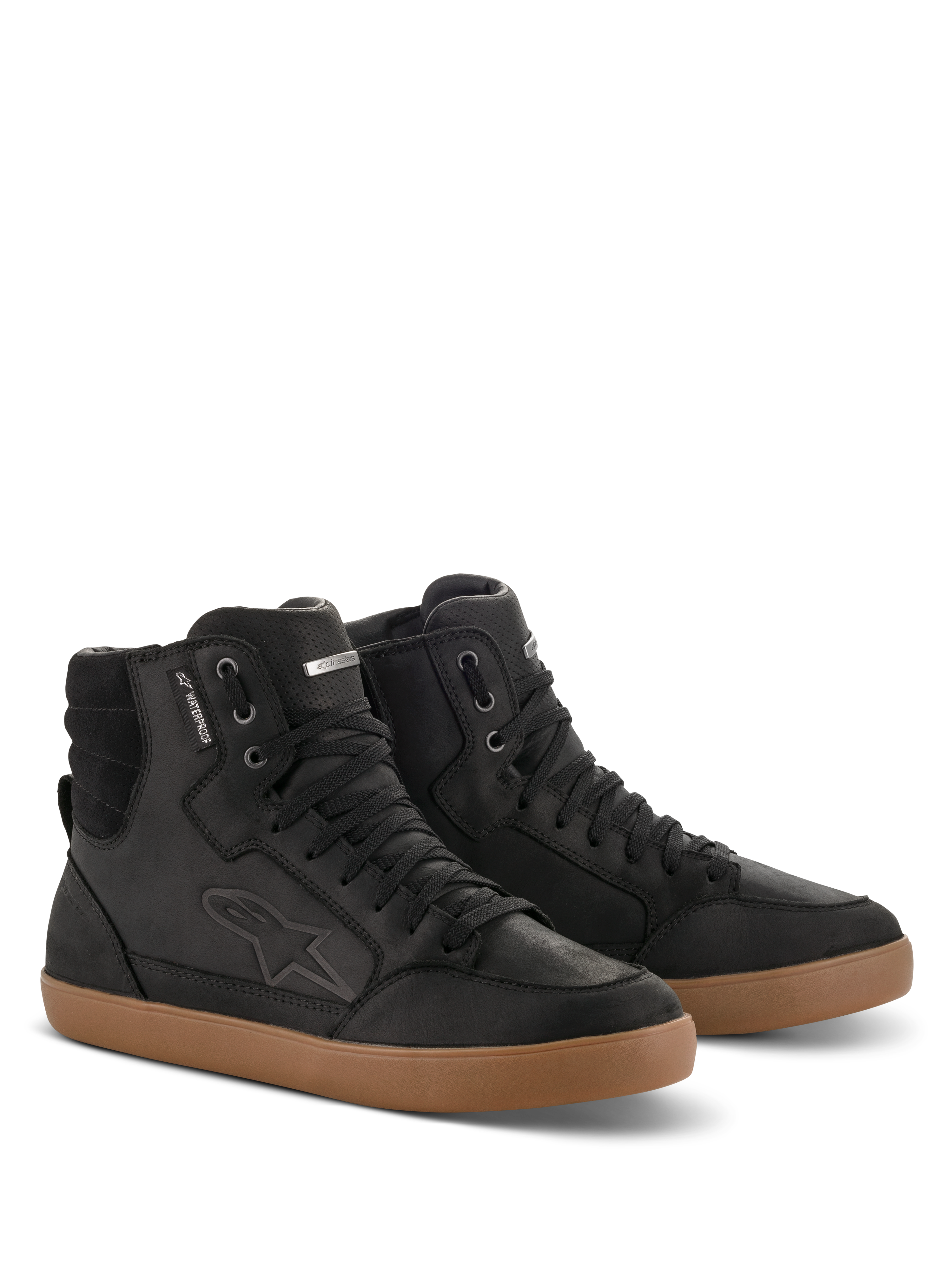 Alpinestars J-6 Waterproof Shoe, Black and Gum, High-top motorcycle riding shoes in premium leather, sneaker-style design with tan gum rubber sole, waterproof tag and embossed logo, urban casual look