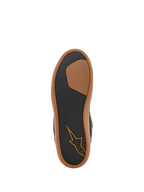 Alpinestars J-6 Waterproof Shoe, bottom sole view, Black and Gum, textured rubber tread for grip and durability, featuring tan Astars logo and gum-colored outer rim, sneaker-style motorcycle footwear