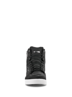 Alpinestars J-6 Waterproof Shoe, front view, Black leather riding shoe with White sole, sneaker-style design with black laces, featuring a waterproof label and silver logo detail, urban motorcycle footwear