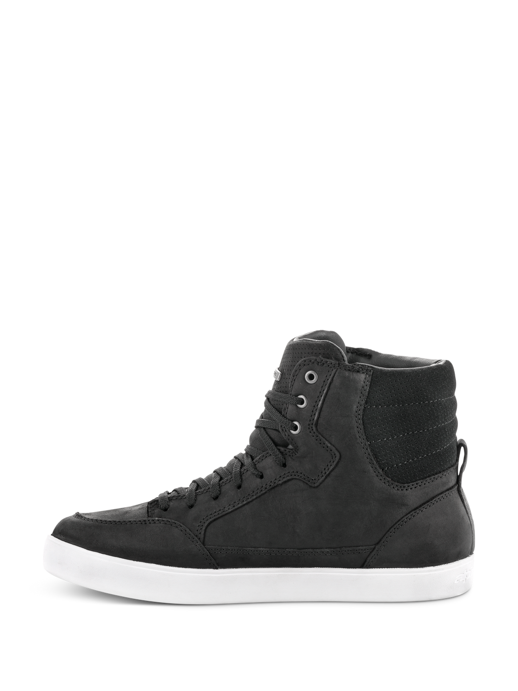 Alpinestars J-6 Waterproof Shoe, Black and White, side profile of high-top riding sneaker, black leather construction with a white rubber sole, urban motorcycle footwear featuring a lace-up design.