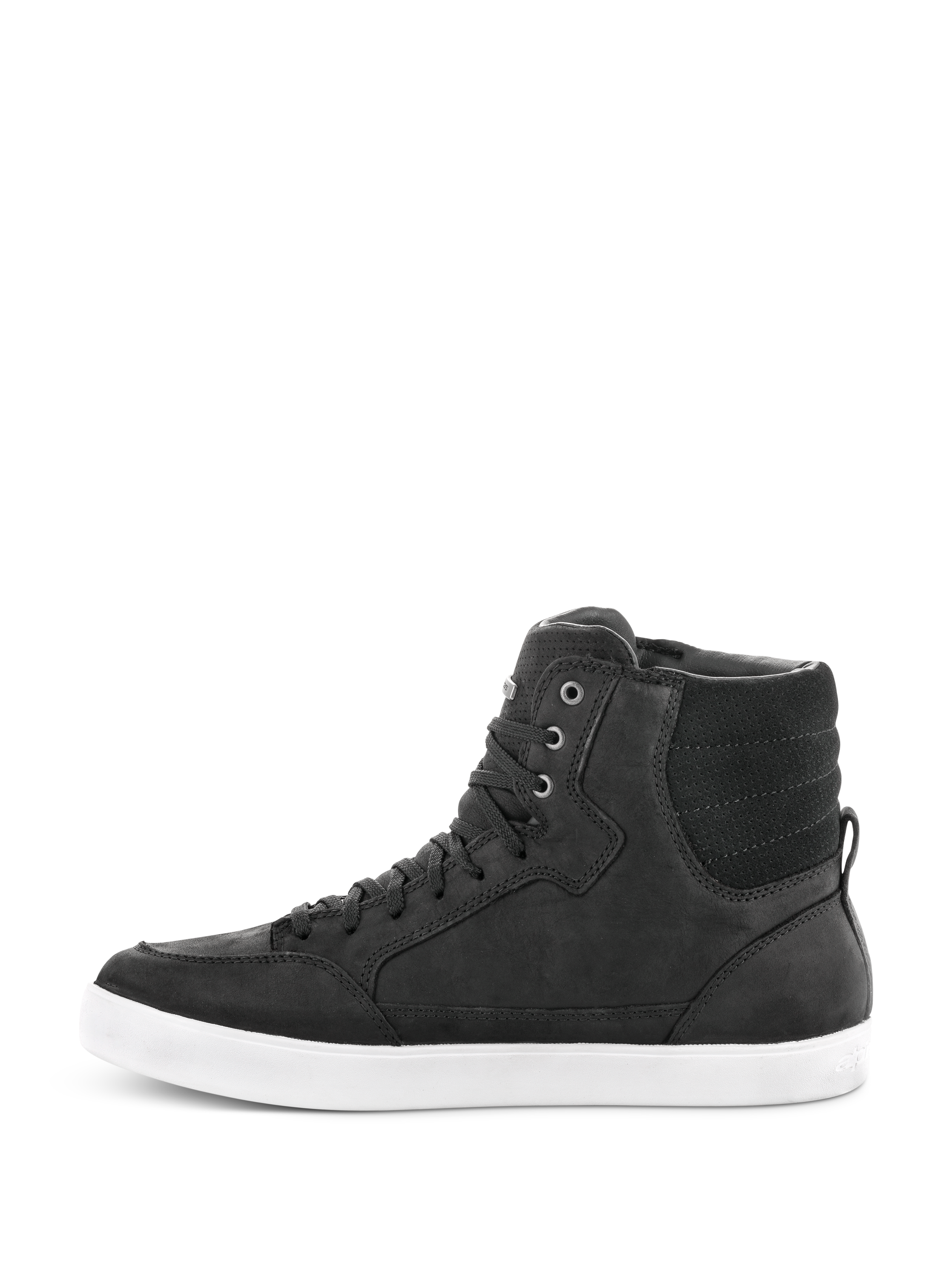 Alpinestars J-6 Waterproof Shoe, Black and White, side profile of high-top riding sneaker, black leather construction with a white rubber sole, urban motorcycle footwear featuring a lace-up design.