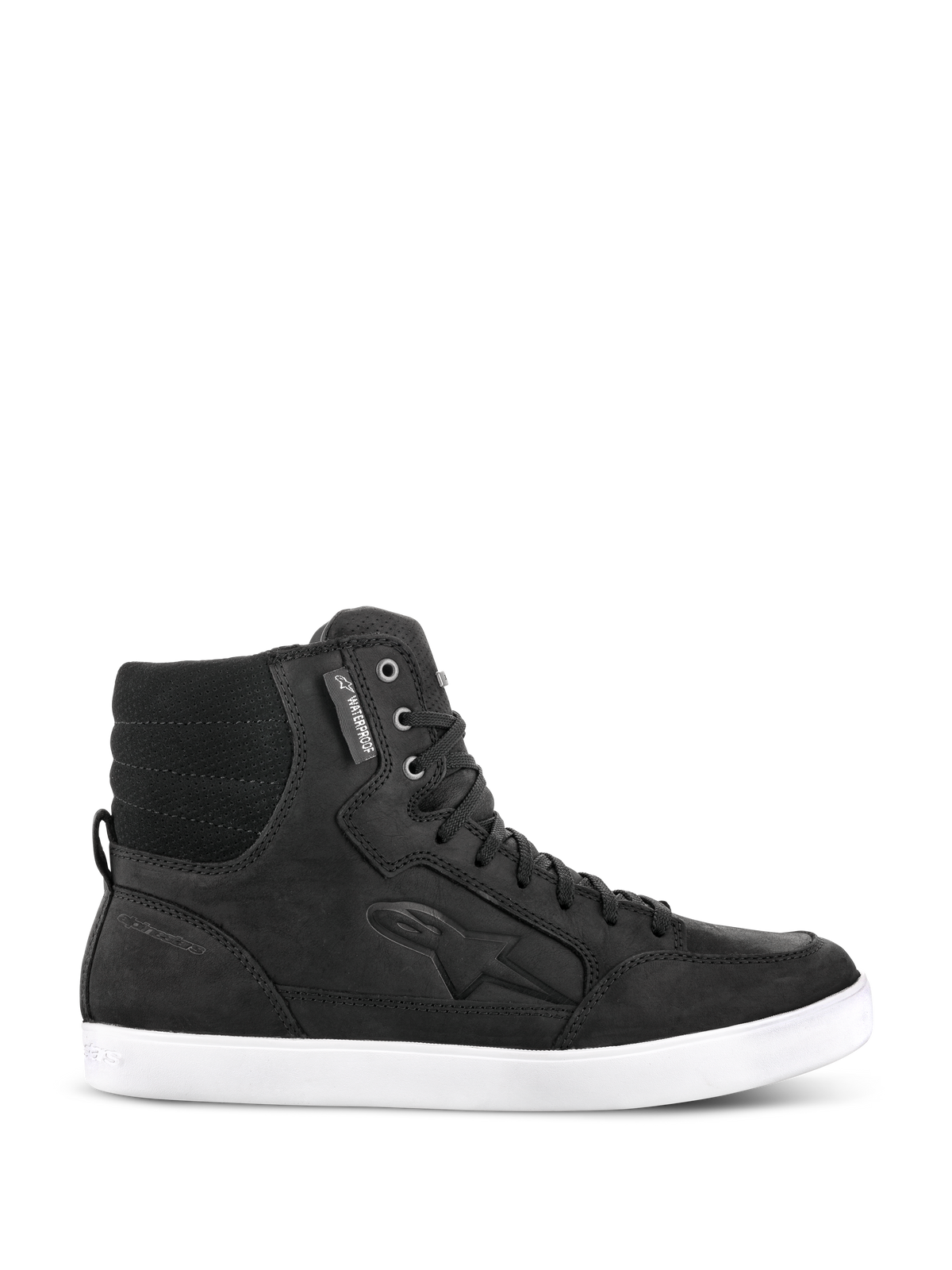 Alpinestars J-6 Waterproof Shoe, Black urban riding sneaker, high-top leather motorcycle footwear with a white flat sole, padded quilted ankle, metal eyelets, waterproof tag, embossed side logo, street-inspired design for daily use