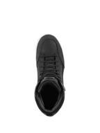 Alpinestars J-6 Waterproof Shoe, Black and White, top-down view of sneaker-style motorcycle riding boot, premium black leather construction with matching laces and white sole detail, urban road riding footwear