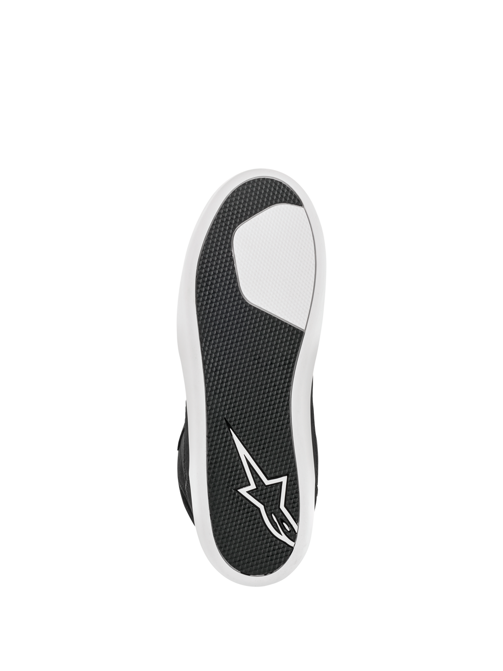 Alpinestars J-6 Waterproof Shoe, Black and White, bottom view showing the advanced rubber sole, textured grip pattern for durability, white star logo on the heel, urban motorcycle riding footwear