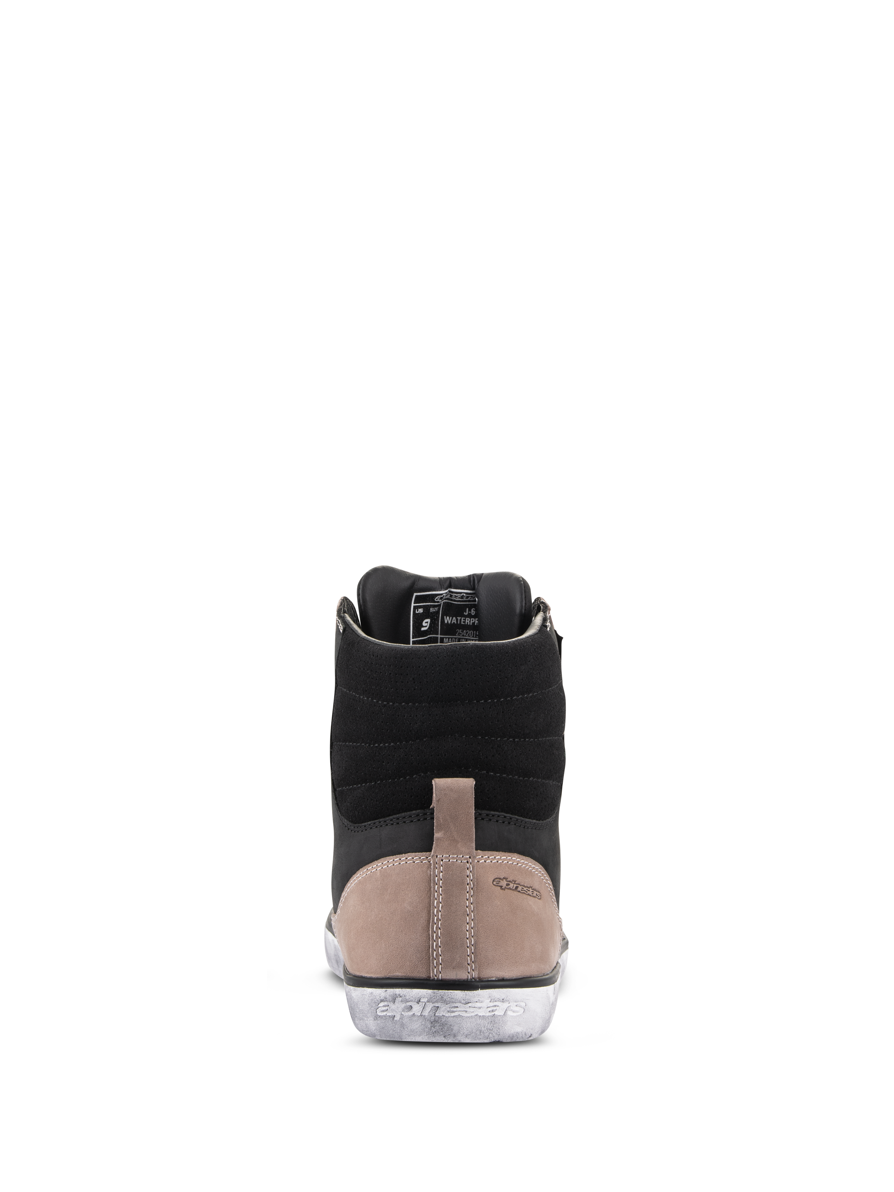 Alpinestars J-6 Waterproof Shoe, Motorcycle Riding Shoe, Black Flint White, Rear view showing black leather upper, tan heel panel with embossed logo, and distressed white rubber sole with Alpinestars branding
