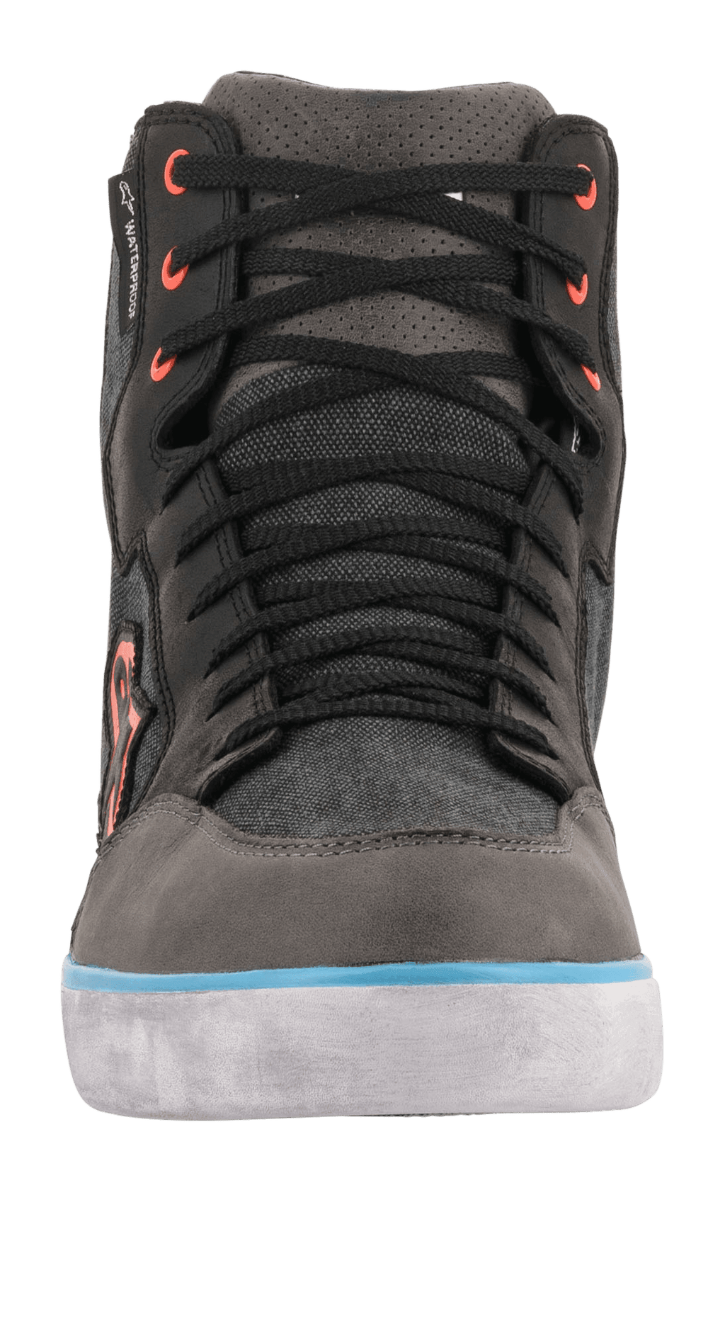 Alpinestars J-6 Waterproof Canvas Riding Shoe, front view, Black and Anthracite with Light Blue sole accent and orange eyelets, sneaker-style motorcycle boot with waterproof membrane