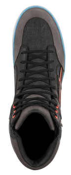 Alpinestars J-6 Waterproof Canvas Riding Shoe, Black and Anthracite, Top-down view showing textured canvas and leather panels, black laces with orange eyelets, light blue sole accent, casual sneaker-style motorcycle footwear