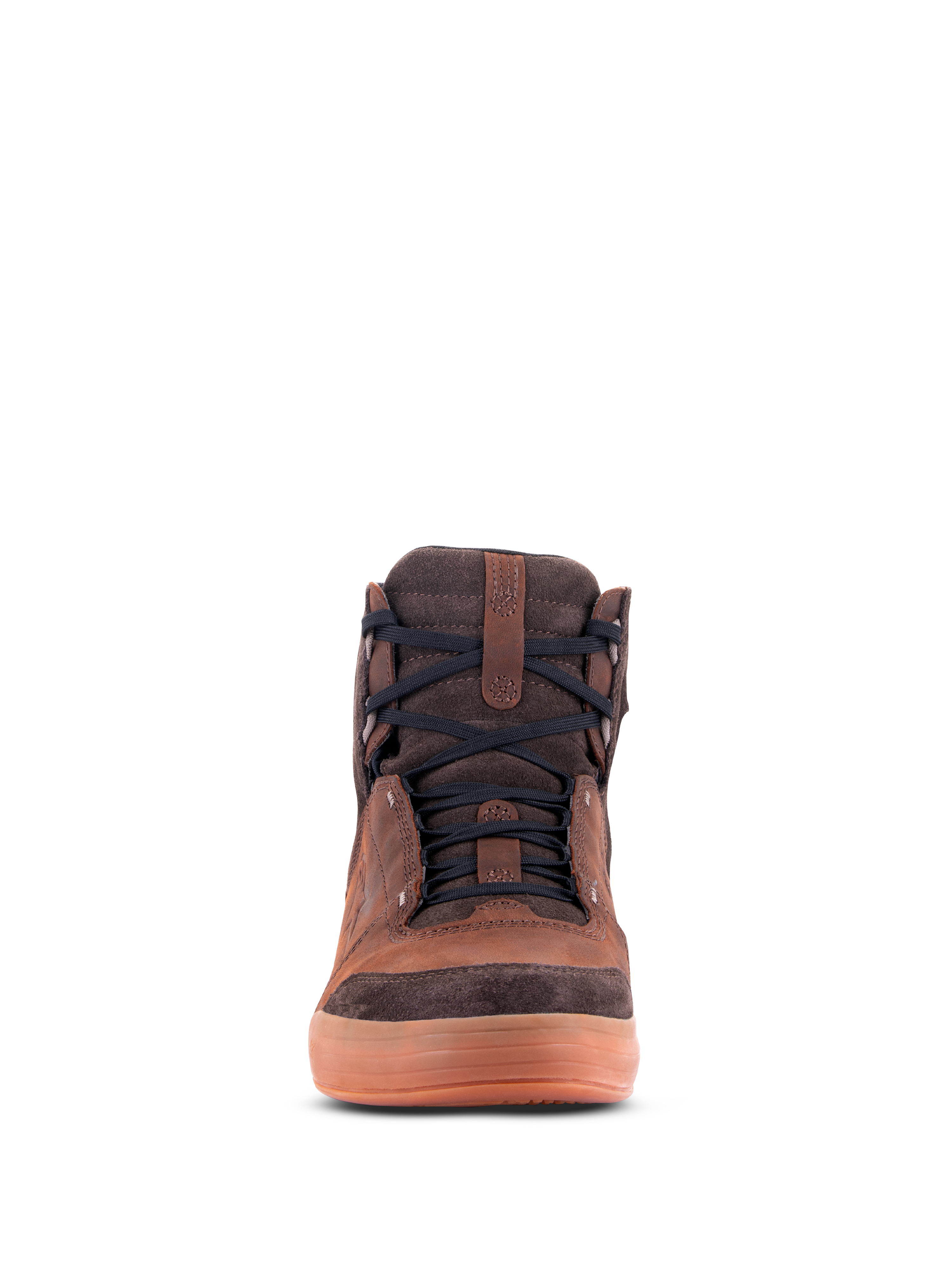 Alpinestars Chrome Crafted Drystar® Shoes, Urban Riding Shoes, Brown leather with dark brown suede accents, gum-colored rubber sole, front-facing view, black laces, casual contemporary motorcycle footwear