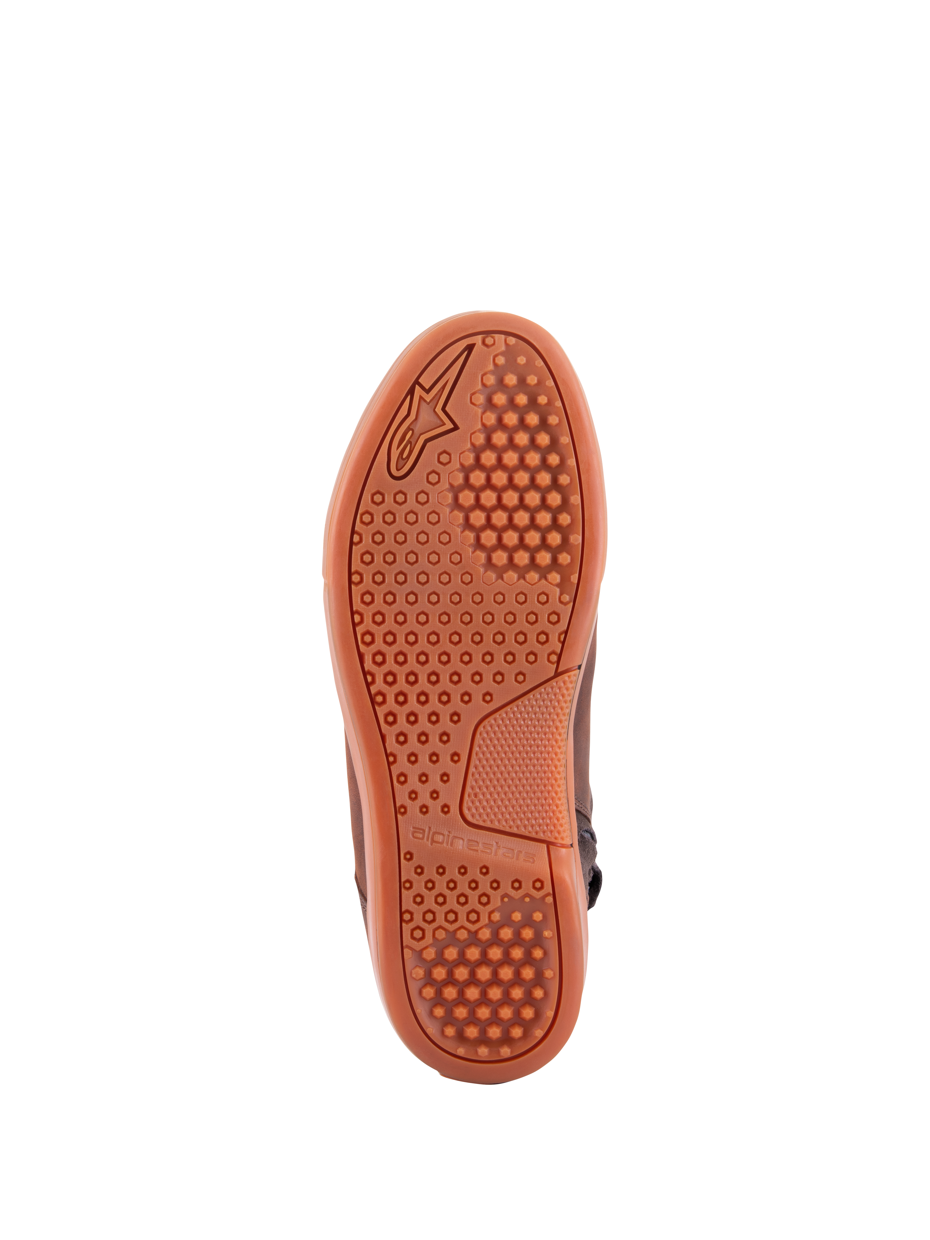 Alpinestars Chrome Crafted Drystar® Shoes, Brown Gum, bottom view showing gum rubber sole with hexagonal grip pattern and embossed Alpinestars branding, urban motorcycle riding footwear