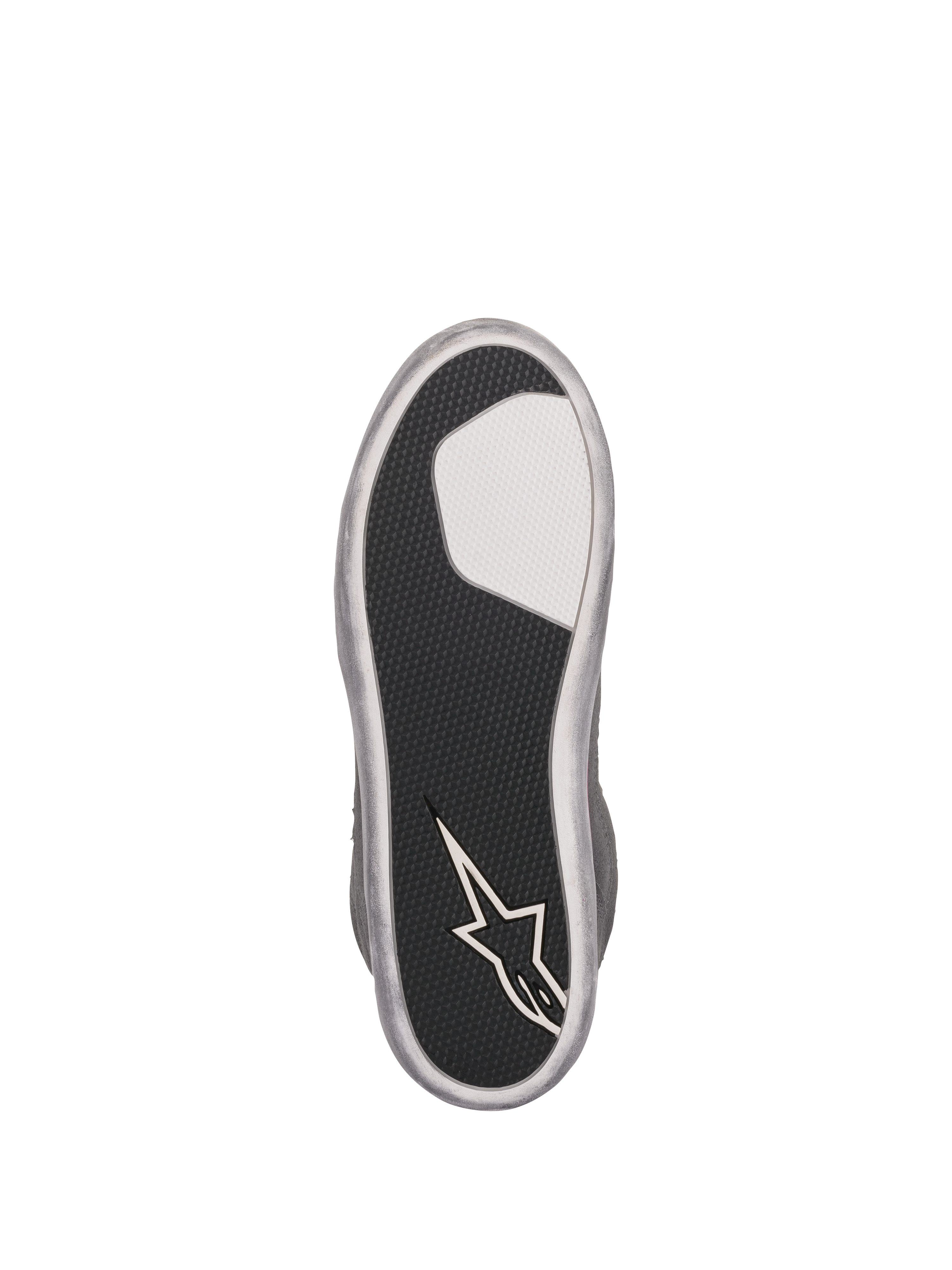 Alpinestars Women's J-6 Waterproof Shoes, Outsole View, Black textured rubber sole with white insert and Alpinestars star logo on the heel, silver-gray perimeter, durable grip design
