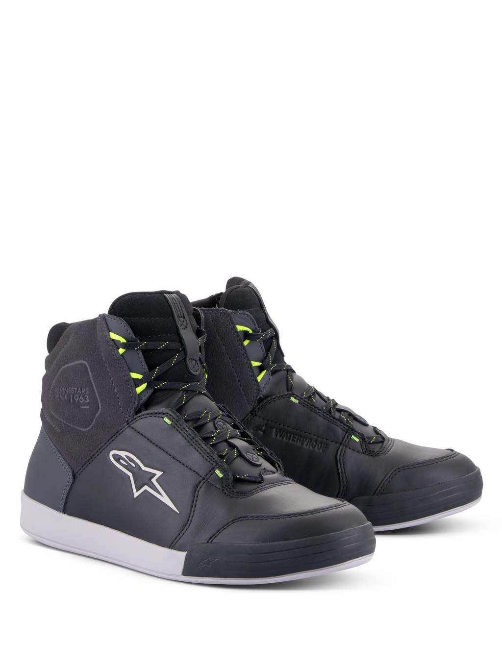 Alpinestars Chrome Drystar® Shoes, Urban Motorcycle Riding Shoes, Black Dark Gray and Yellow Fluo, high-top silhouette with premium leather and suede, featuring white Alpinestars logo and neon yellow lace loops, casual street-styled protective footwear