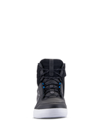 Alpinestars Chrome Drystar® Shoes, Urban Motorcycle Shoes, Black White and Blue, front view showing black leather upper, white sole, blue lace accents, casual high-top design for street riding