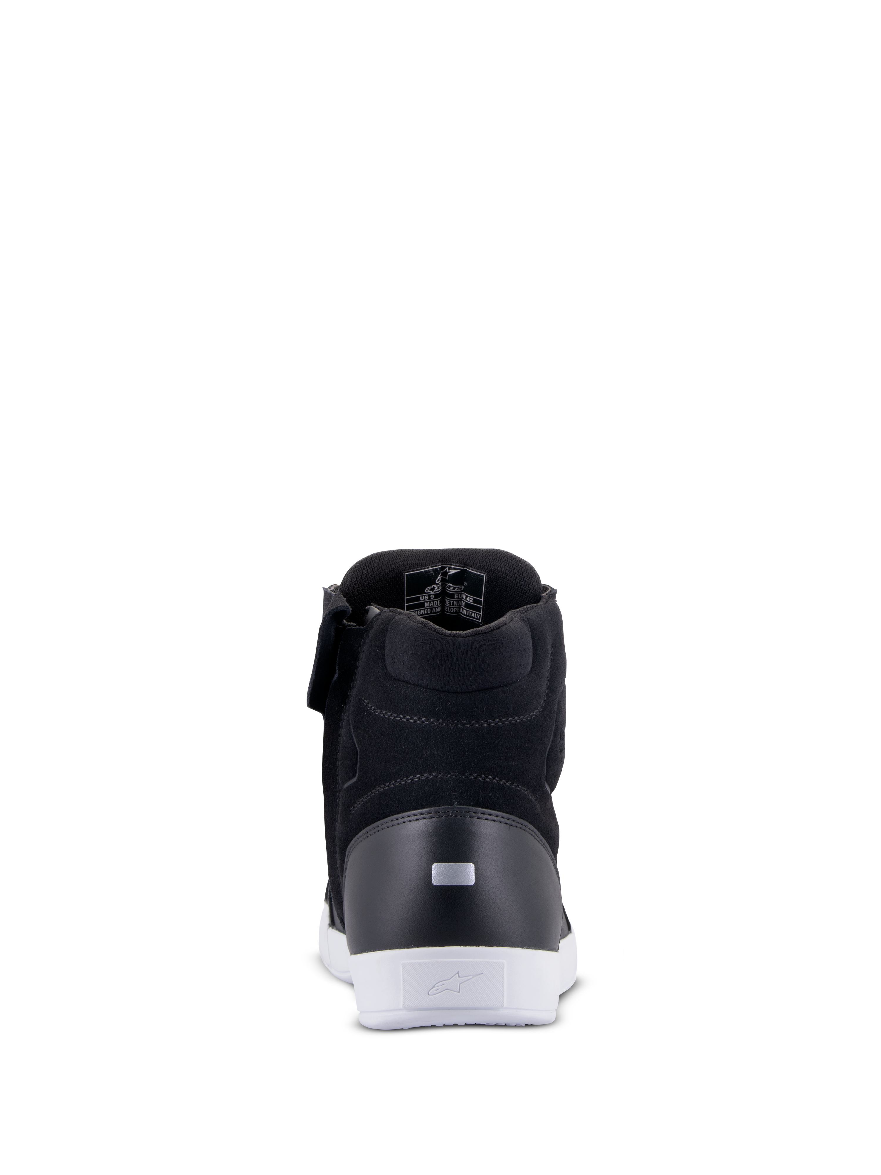 Alpinestars Chrome Drystar® Shoes, Urban Motorcycle Riding Shoes, Black and White, rear view showing reflective heel tab, white urban sole with logo, leather and suede construction for urban riding comfort