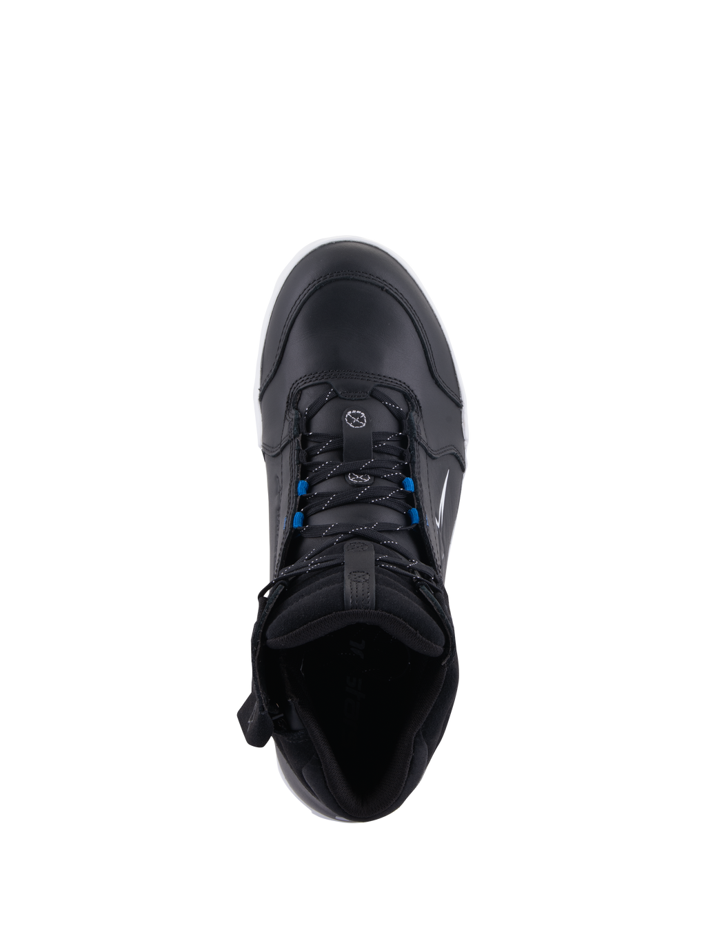 Alpinestars Chrome Drystar® Shoes, Urban Motorcycle Riding Shoes, Black White Blue, top-down view featuring black laces with blue accents, premium leather construction, and street-styled protective design