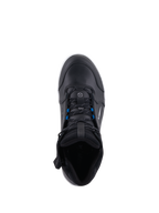 Alpinestars Chrome Drystar® Shoes, Urban Motorcycle Riding Shoes, Black White Blue, top-down view featuring black laces with blue accents, premium leather construction, and street-styled protective design
