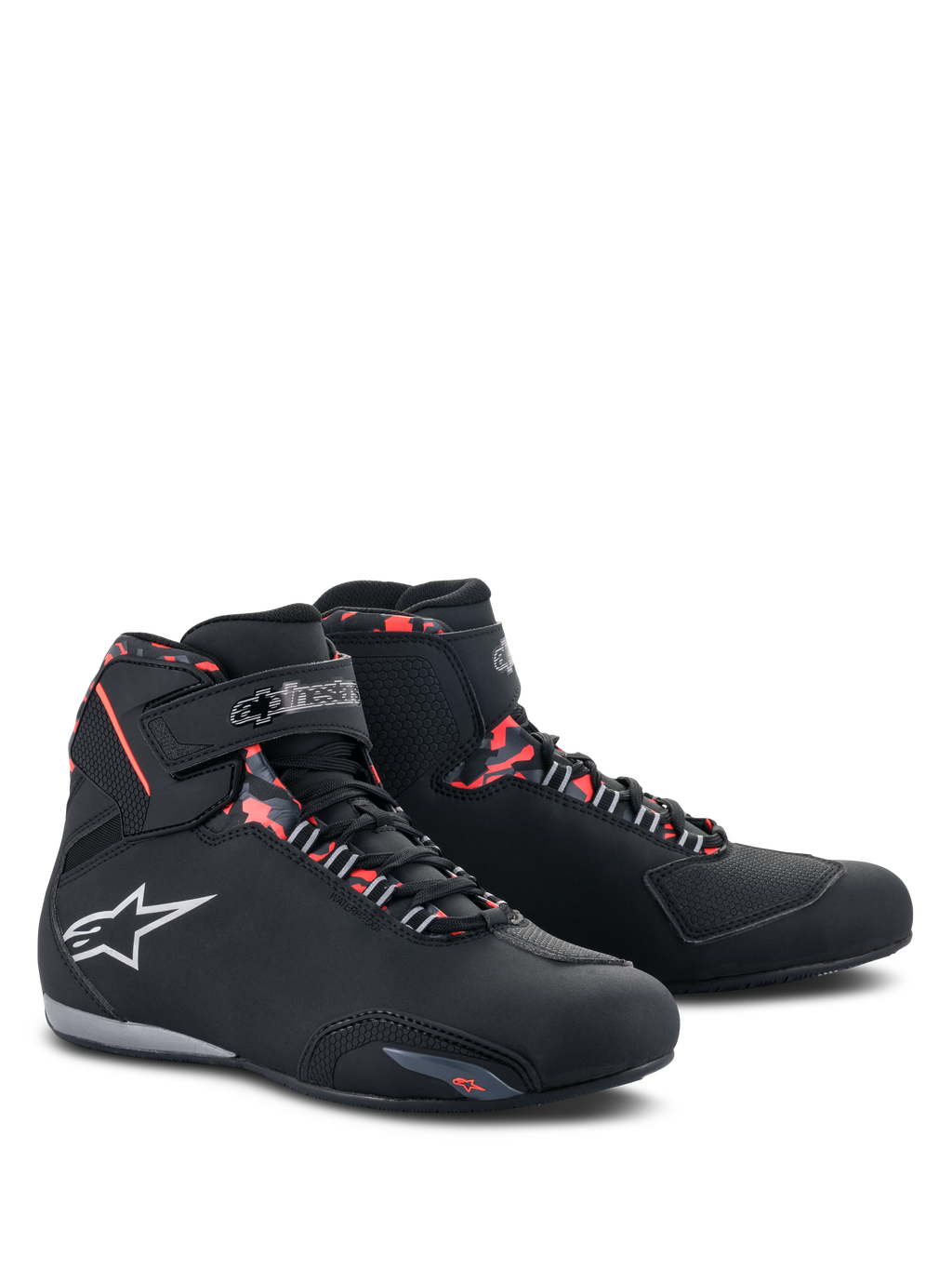 Alpinestars Sektor Waterproof Shoes, Motorcycle Riding Shoes, Black Dark Gray and Red Fluo, featuring a white Alpinestars logo, high-top profile with lace-up and velcro strap closure, sleek waterproof design for road riding