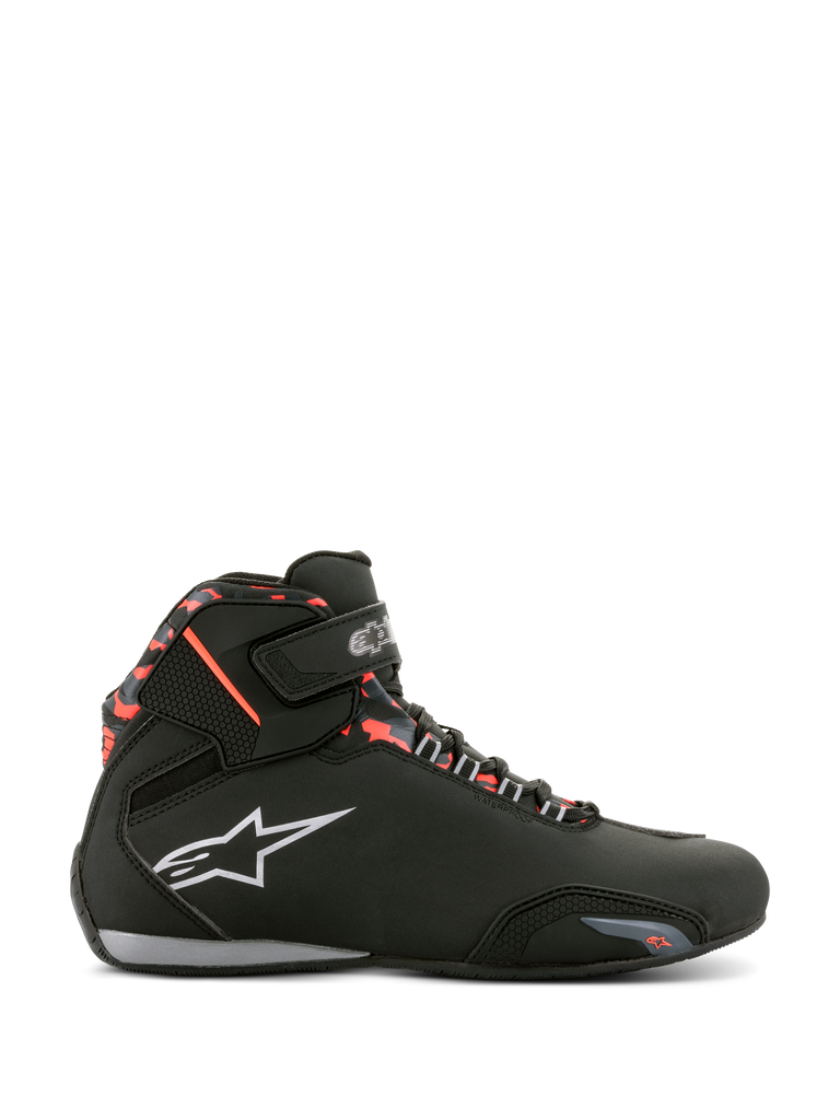 Alpinestars Sektor Waterproof Shoes, Motorcycle Riding Shoes, Black Dark Gray and Red Fluo, side profile featuring laces with Velcro strap, white logo, and red camo-style accents on the ankle collar.
