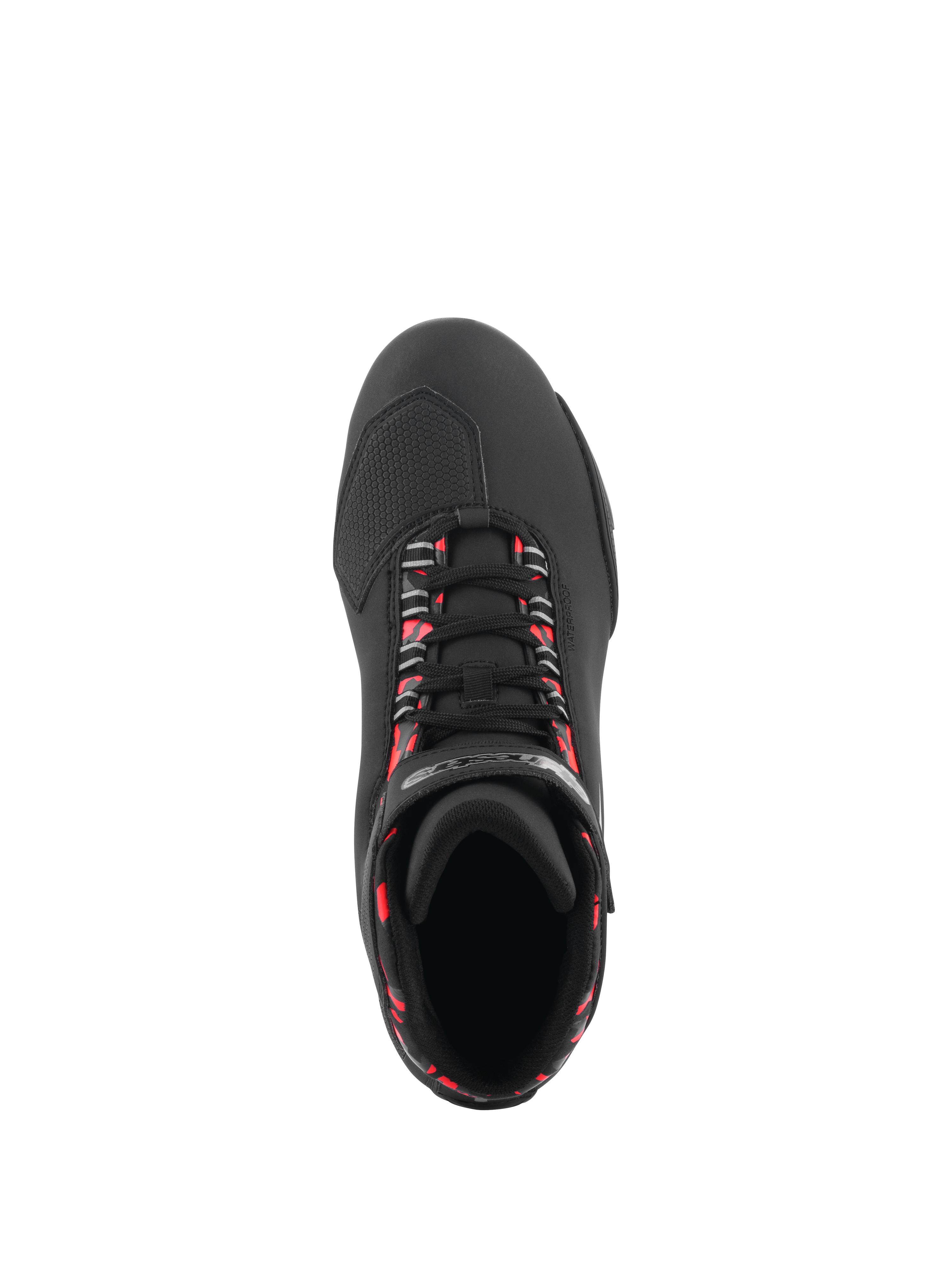 Alpinestars Sektor Waterproof Shoes, Motorcycle Riding Shoes, Black Dark Gray and Red Fluo, top-down view showing black laces with fluorescent red accents, textured toe box for shifting, and sleek microfiber construction