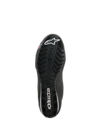 Alpinestars Sektor Waterproof Shoes, bottom sole view, black rubber with wave-pattern tread for water run-off, featuring white Astars logo and Alpinestars branding, designed for grip and motorcycle footpeg support