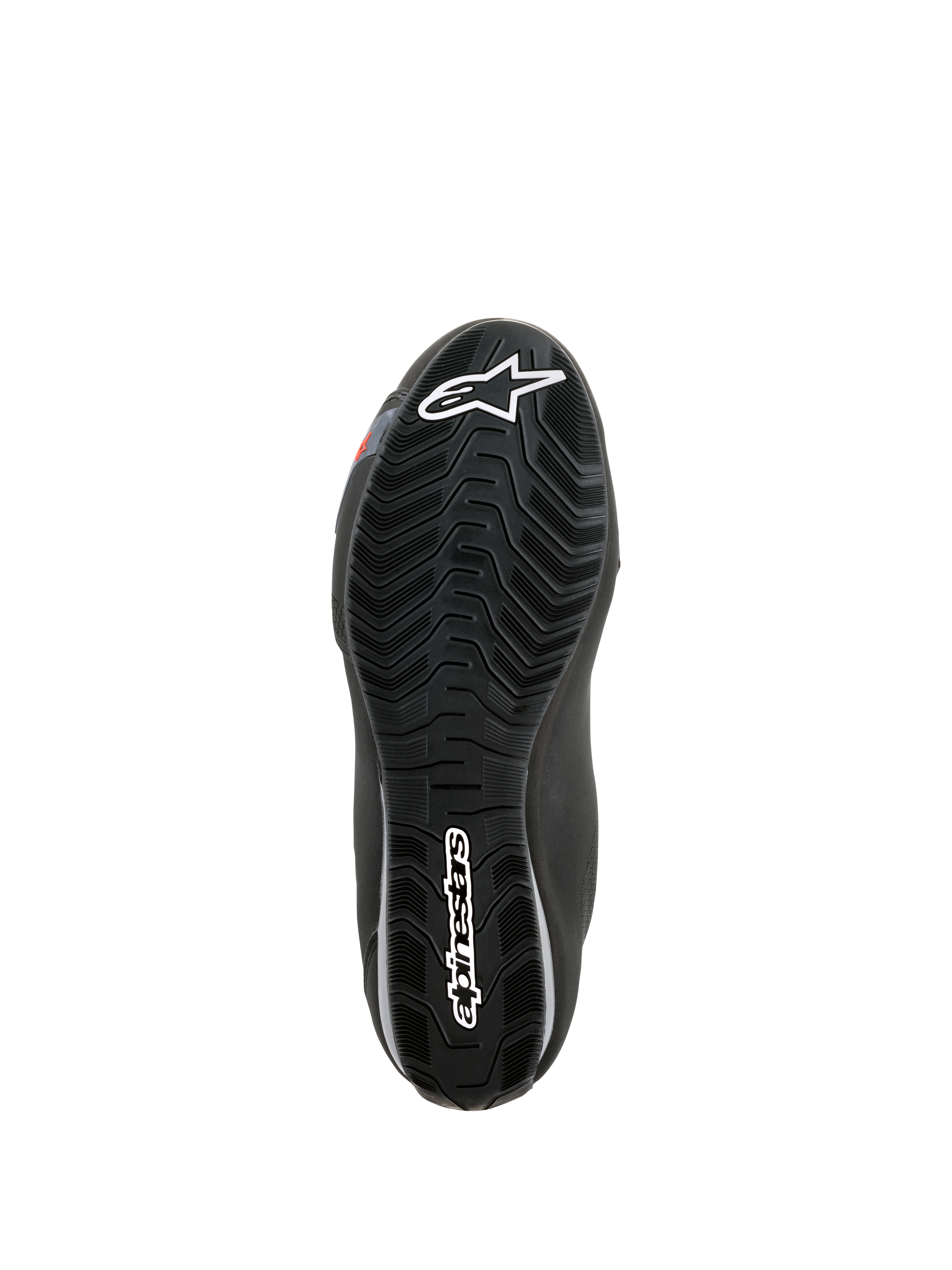 Alpinestars Sektor Waterproof Shoes, bottom sole view, black rubber with wave-pattern tread for water run-off, featuring white Astars logo and Alpinestars branding, designed for grip and motorcycle footpeg support