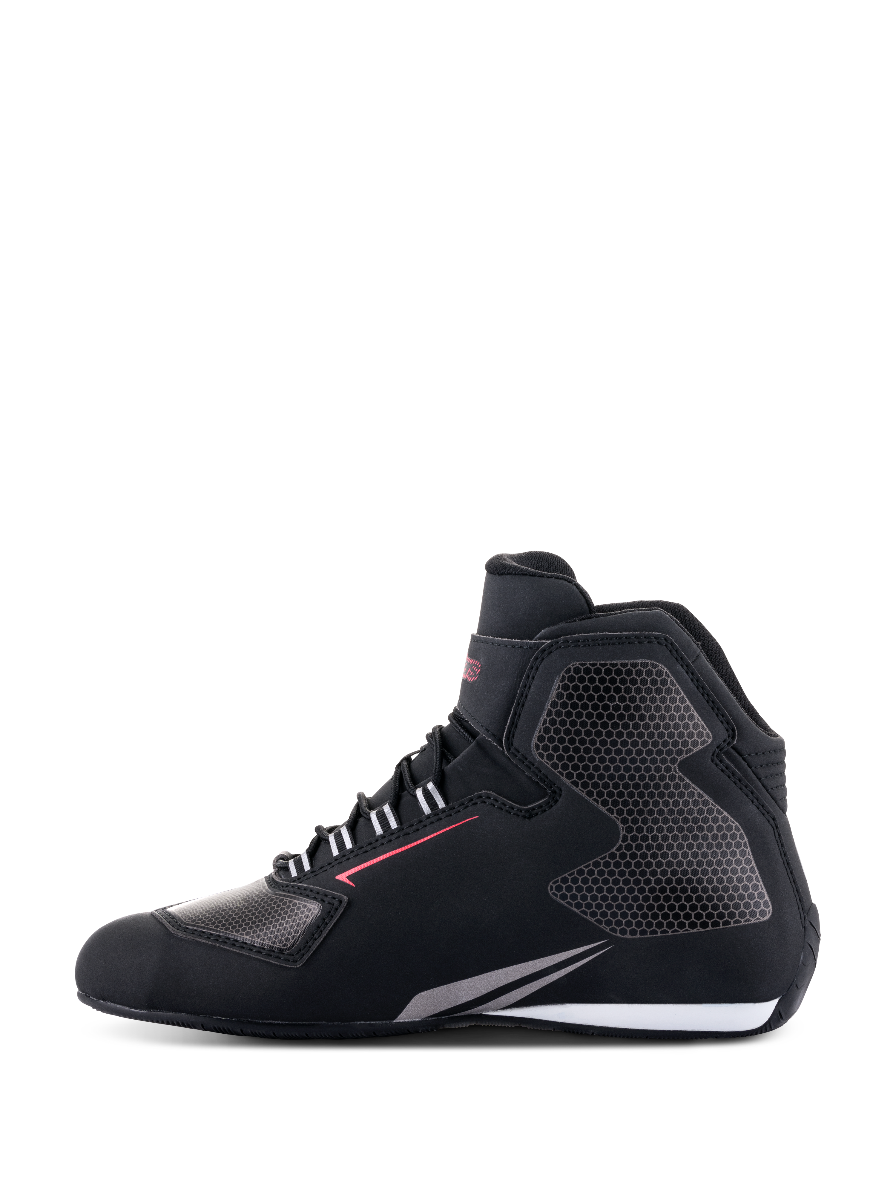 Alpinestars Sektor Waterproof Shoes, Motorcycle Riding Shoes, Black White and Gray, side profile view, lightweight microfiber chassis with gray honeycomb-patterned panels, red accent line, and white sole detail, waterproof gear for road riding