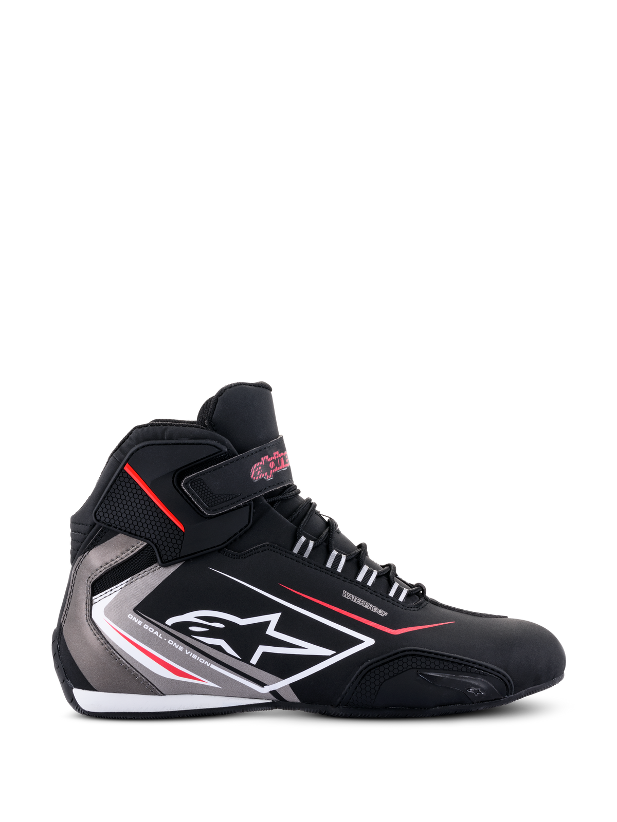 Alpinestars Sektor Waterproof Shoes, side profile, Black with Gray and White accents and red details, featuring laces, a Velcro ankle strap, Alpinestars logo, and 'Waterproof' branding, sleek motorcycle riding footwear.